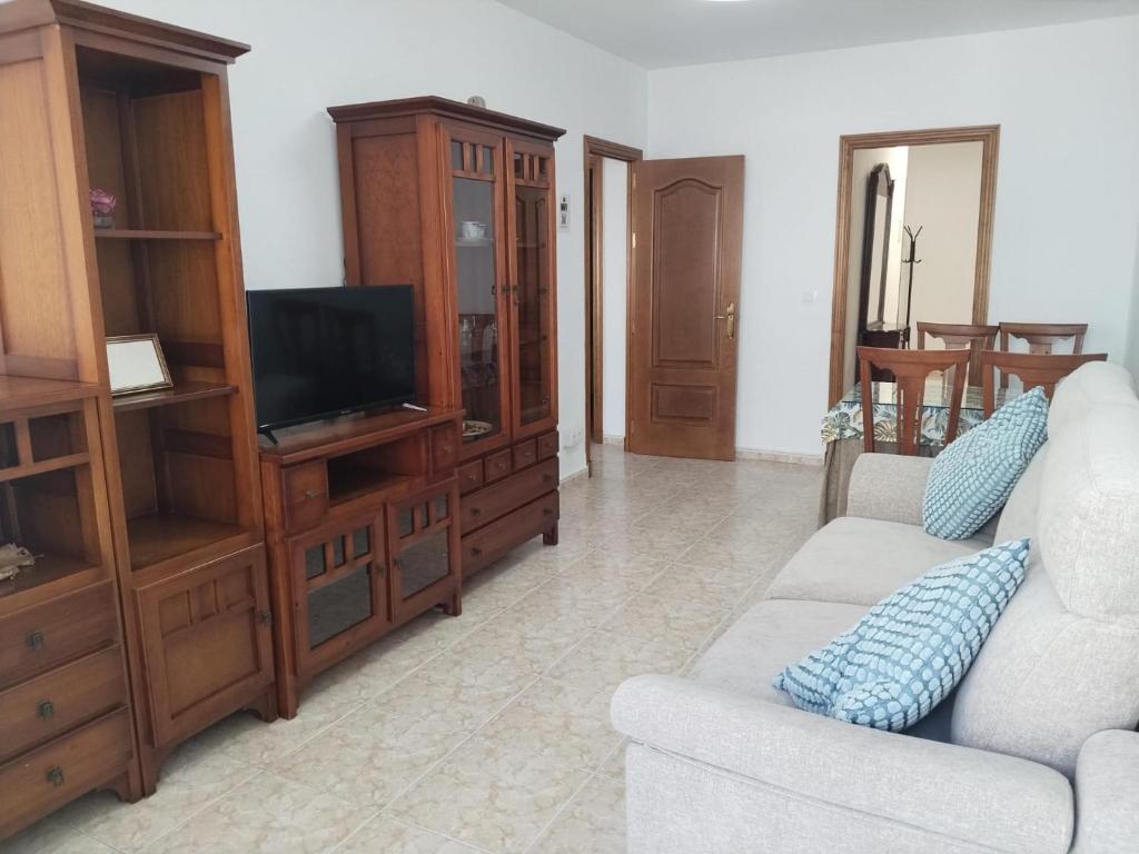 a living room with a couch and a tv at Piso Calatrava in Chipiona