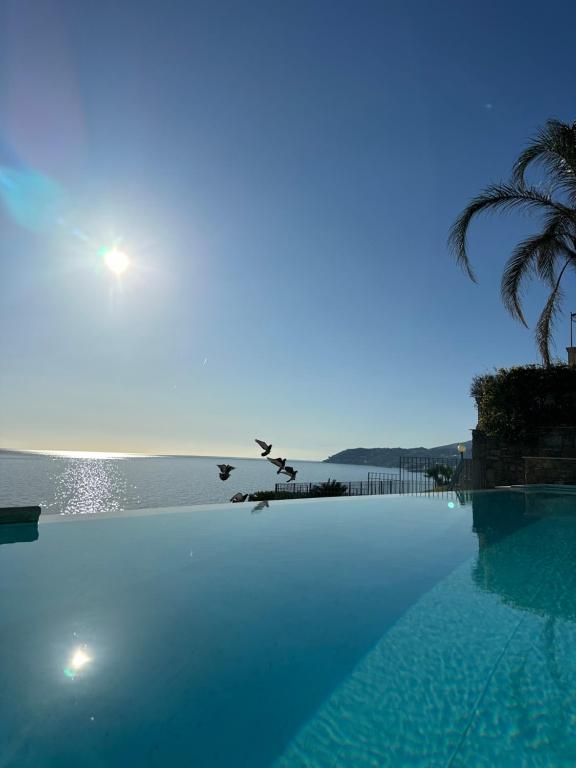 a swimming pool with birds flying over the ocean at Mare e Relax - La Villetta ai Tre Ponti - Trilocale in Sanremo