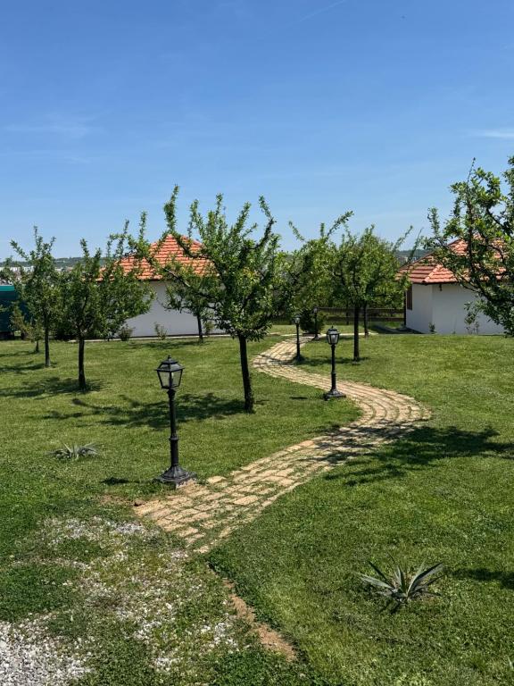a path in a field with trees and lights at Apartmani Mladenovac in Mladenovac
