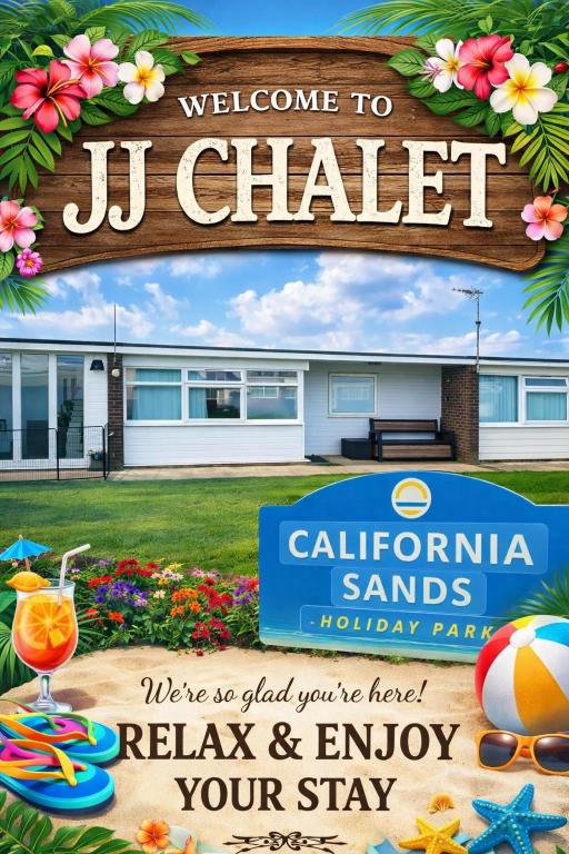 a welcome sign to jupiter california islands holiday park at JJ chalet in Scratby