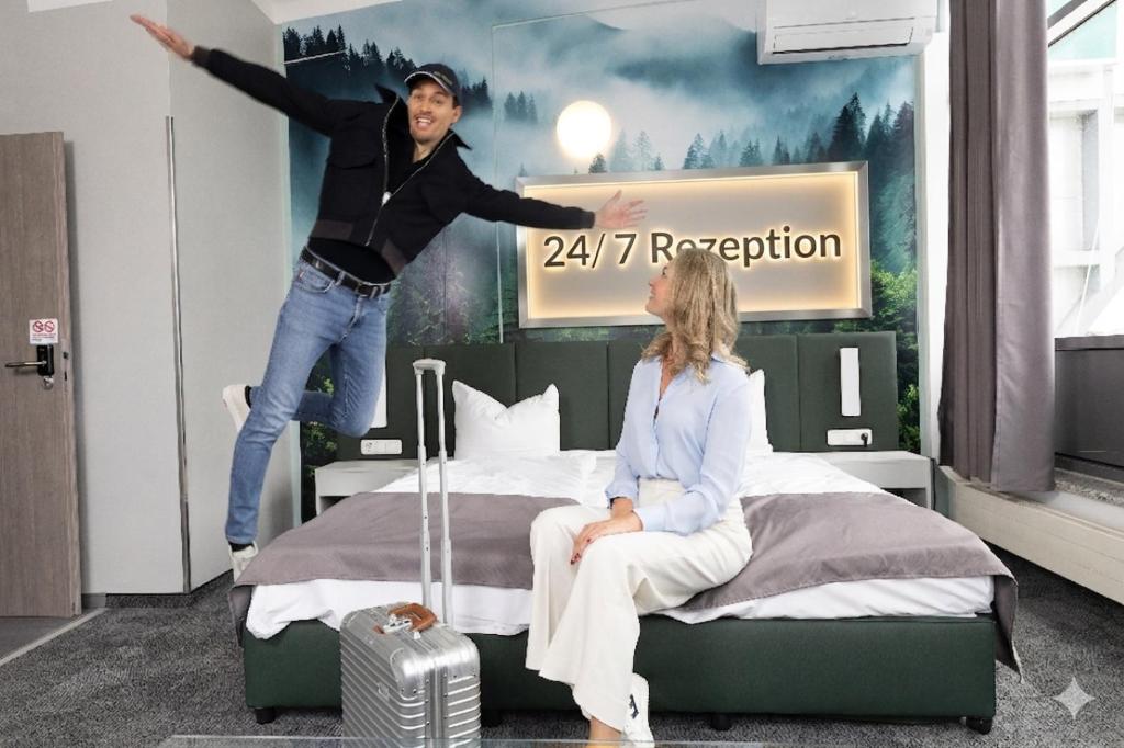 a man jumping over a woman in a bedroom at AUSZEIT DAS HOTEL Asbach-Bäumenheim & AUSZEIT DAS RESTAURANT in Asbach-Bäumenheim