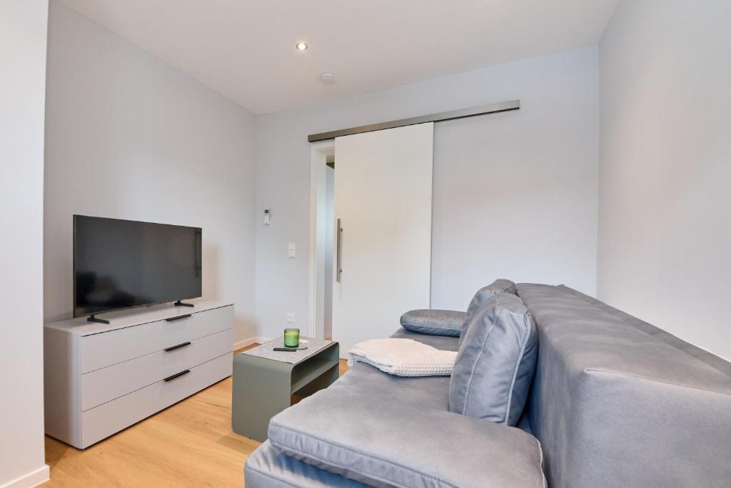 a living room with a couch and a flat screen tv at Burgblick Apartment Weinlaub in Bernkastel-Kues