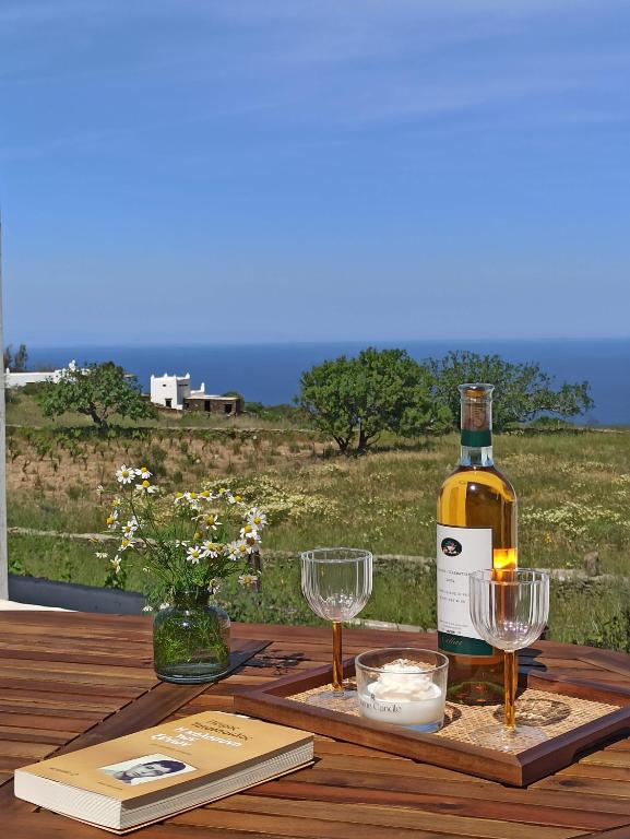 a bottle of wine and two glasses on a wooden table at ÉLYSÉE Boutique in Katavatí