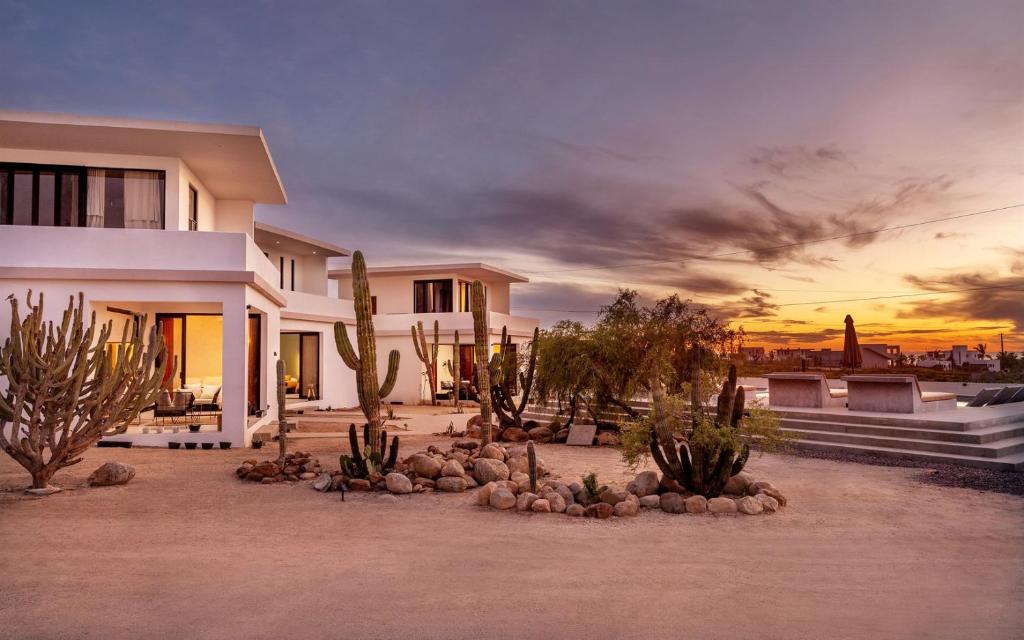 a house with a lot of cacti in front of it at Ocean view terrace and saltwater pool group getaway in Todos Santos
