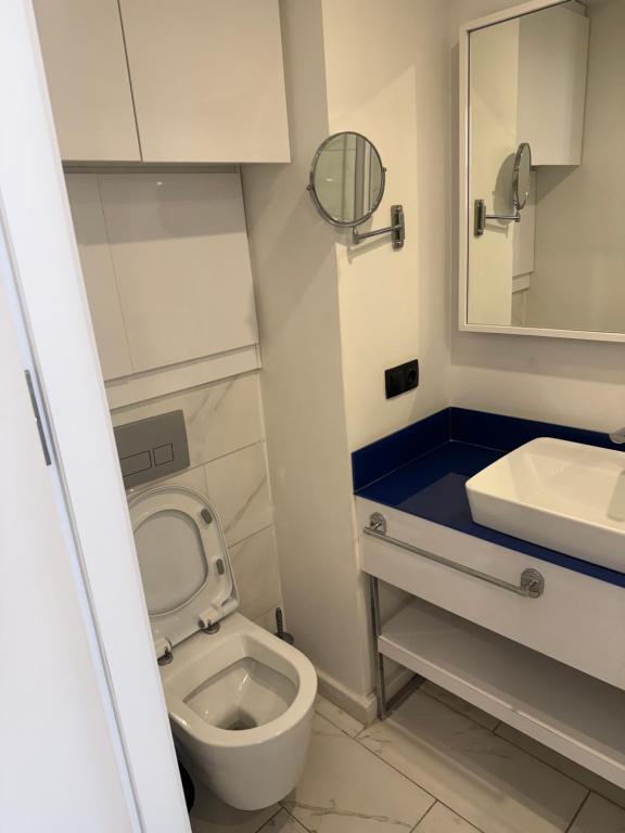 a small bathroom with a toilet and a sink at Orbi City Ardze in Batumi
