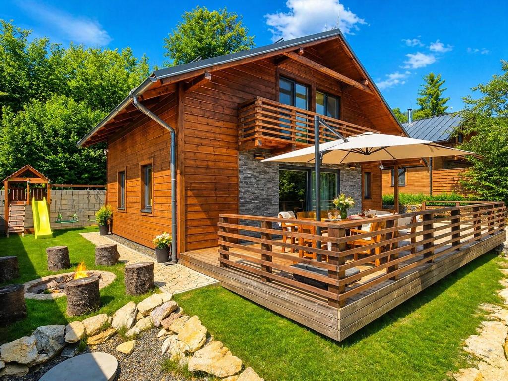 a log cabin with an umbrella in a yard at Chalet Fiona with jacuzzi in Mýto pod Ďumbierom