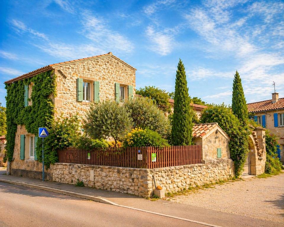 a stone house with a fence on the side of a street at La Bohème Mouriès in Mouriès