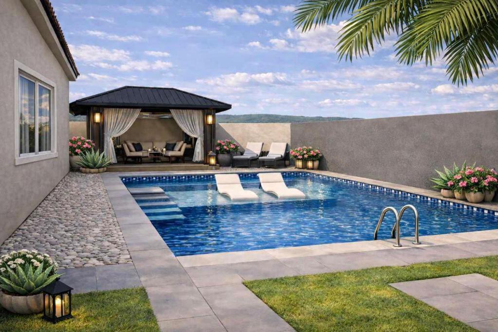 a swimming pool in a backyard with a gazebo at Solito 52 in Oranjestad