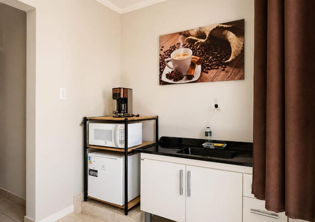 a kitchen with a sink and a microwave at Loft aconchegante Champagnat 1136 in Poços de Caldas