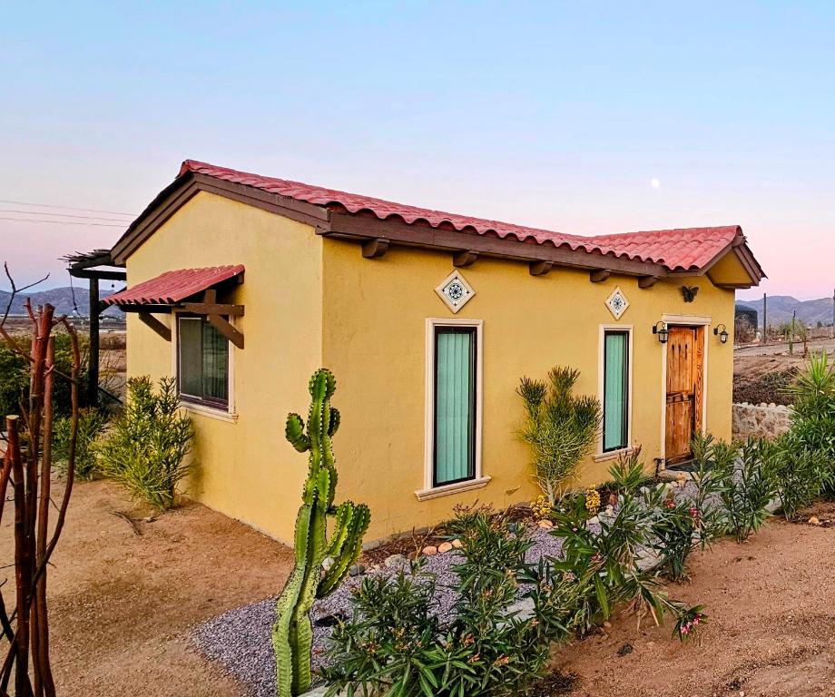 a small yellow house in the desert with a cactus at The Bungalow @Terra Monarca in El Porvenir