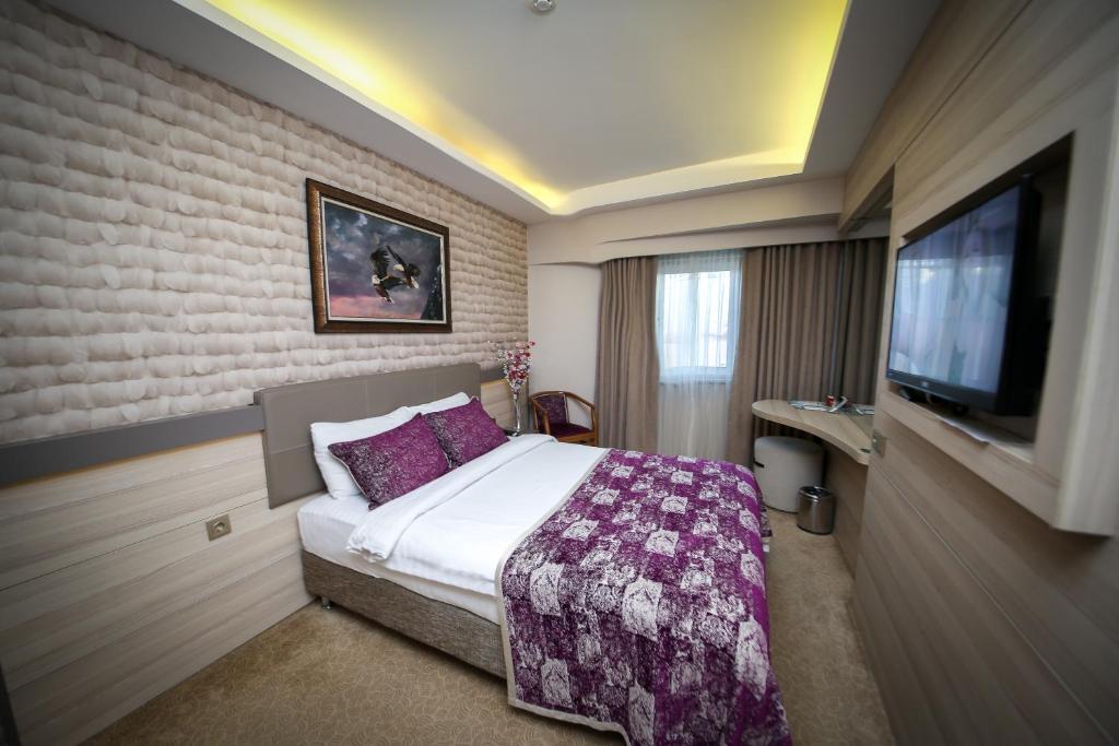 um quarto de hotel com uma cama e uma televisão em Asya Hotel em Balıkesir