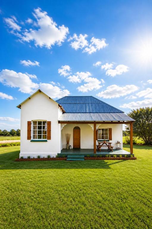 a white house with a blue roof at Karoo Huisie Bethulie at Karoo Pandok in Bethulie