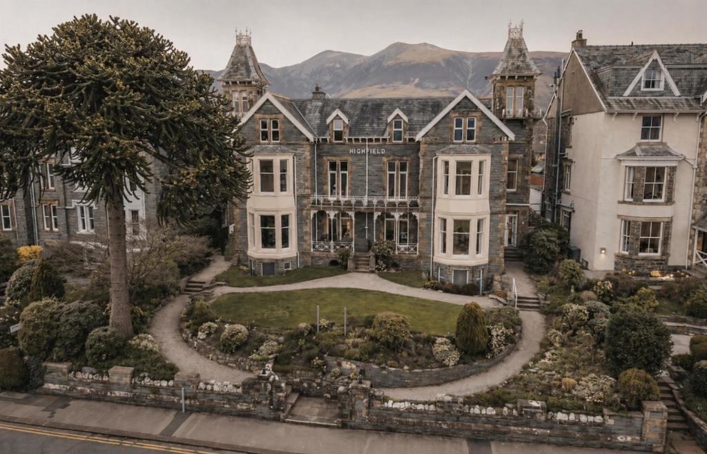 an aerial view of a large house with a garden at The Highfield - Self Check-in Hotel in Keswick