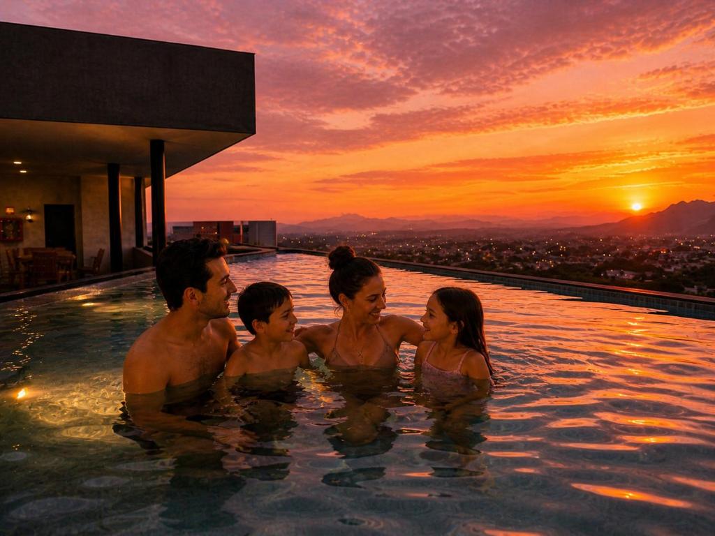 a group of people in a infinity pool with a sunset at Apto Deluxe, 3 hab, piscina y rooftop en Escalón in San Salvador