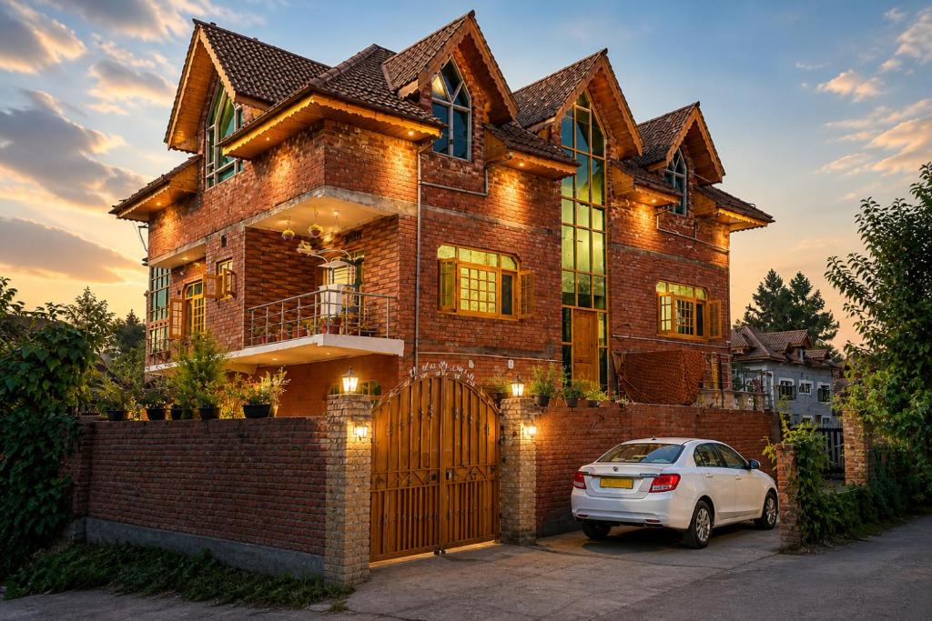 a house with a car parked in front of it at Water Vibe Homestay Srinagar in Srinagar