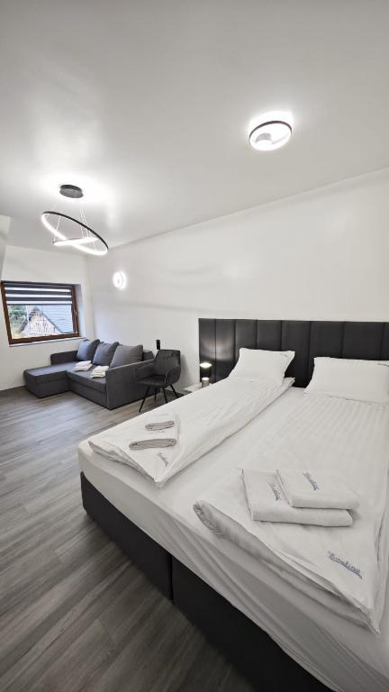 a bedroom with a large bed and a couch at Noclegi Ewelina in Nowa Ruda