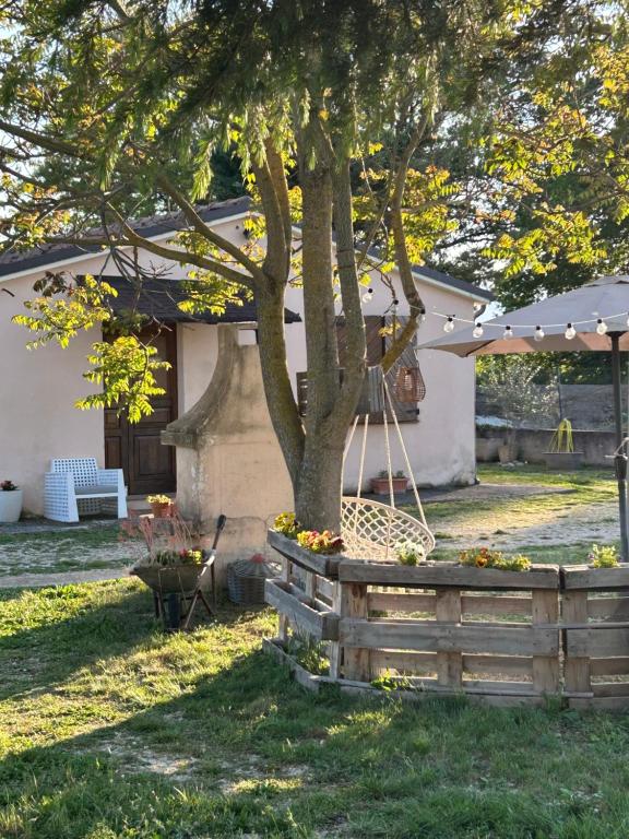 a tree with a swing in front of a house at Cuore di Legno Country House in Spoleto