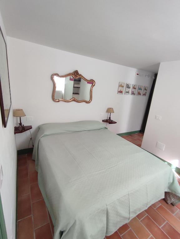 a bedroom with a bed with a mirror on the wall at GuestHouse Tana del Riccio Todi in Todi