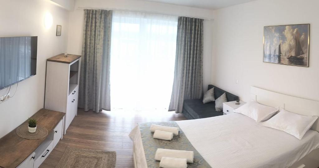 a bedroom with a bed and a tv in a room at Condo Blaxy Resort Olimp in Olimp