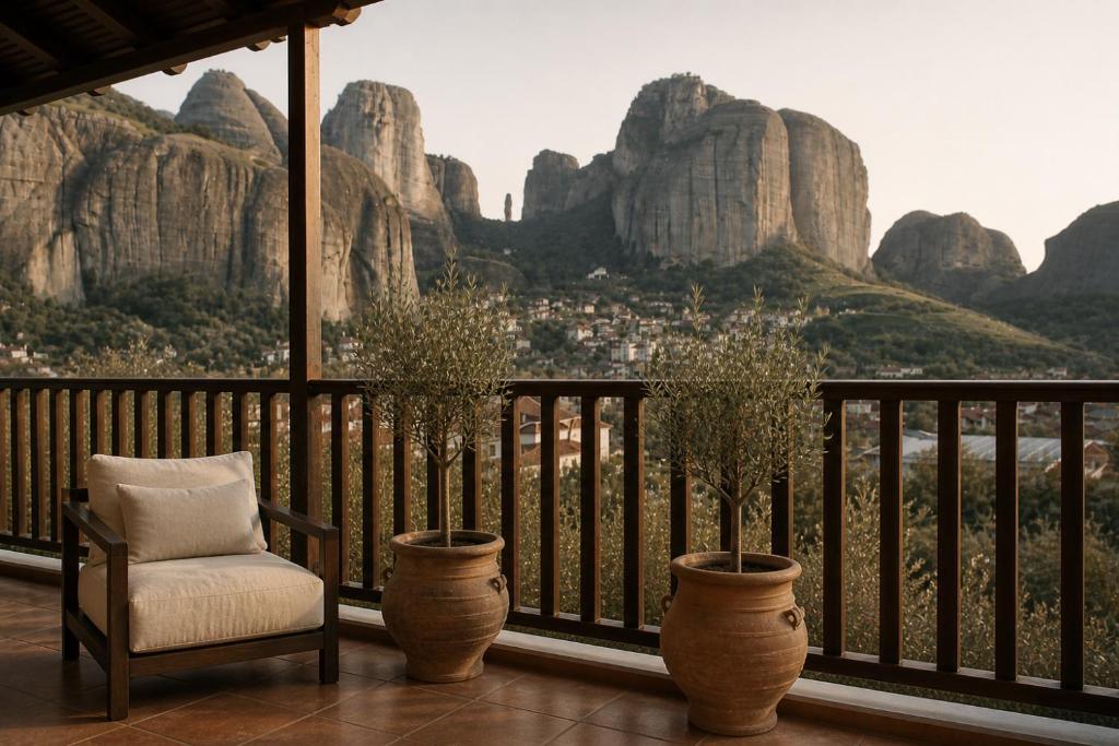 a chair on a balcony with a view of the mountains at Hotel Doupiani House in Kalabaka