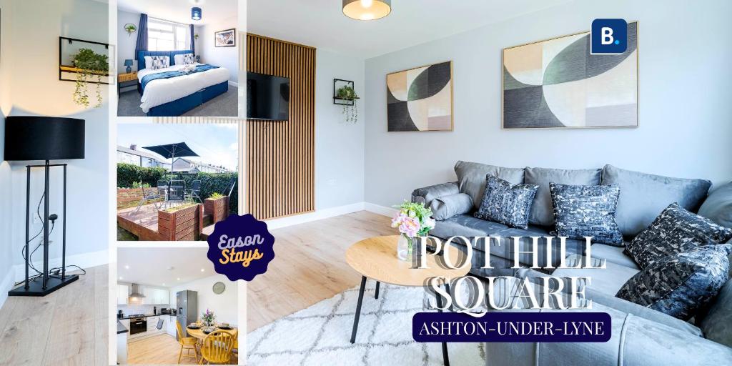 a collage of photos of a living room with a couch at Spacious 3 Bedroom House in Ashton-under-Lyne by Eason Stays with Free Parking and Courtyard View in Stalybridge