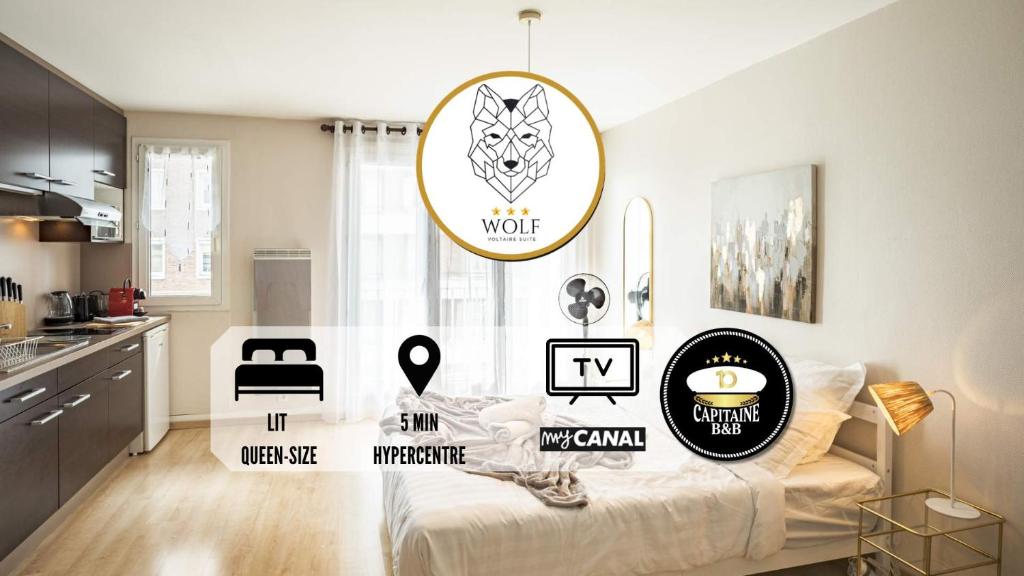 a living room with a bed and a kitchen at Voltaire Wolf Suite - 5 min Hypercentre in Troyes