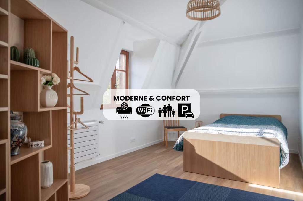 a bedroom with a bed and a book shelf at Chestnut House Appartment in Le Mée-sur-Seine
