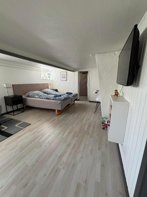a bedroom with two beds and a flat screen tv at H. C. Lumbyes Vej - kælderlejlighed in Odense