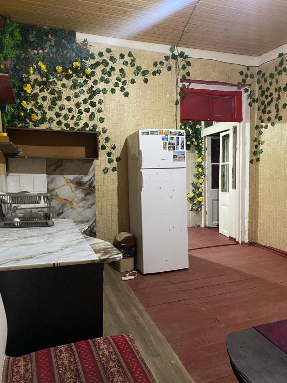 a kitchen with a refrigerator and a wall with flowers at Live as you are LOCAL in Tbilisi City