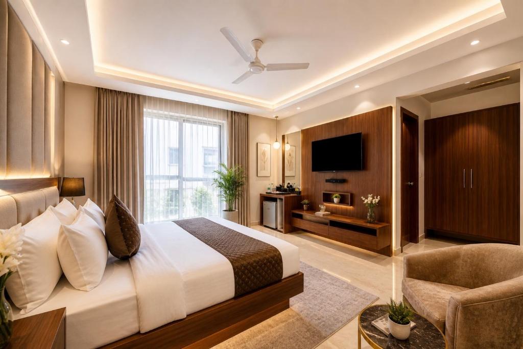 a hotel room with a bed and a television at Corporate Terminal Stay By Velocity Hotels Delhi IGI Airport Terminal 3 With Free Airport Pickup in New Delhi