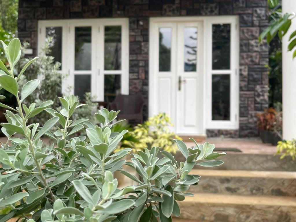 a front door of a brick house with white doors at Doranagala Holiday Cabin in Rattota