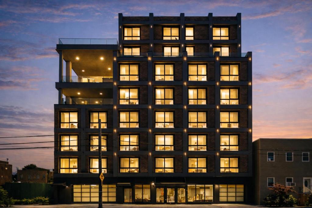 a tall black building with many windows at dusk at Dutch Hotel Long Island City New York , Belvilla District 6 Formerly Sonder in Long Island City
