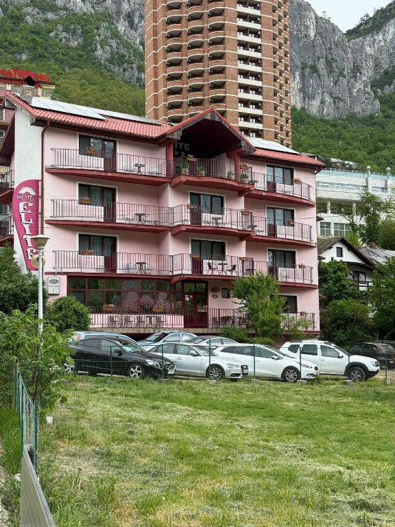 a pink building with cars parked in front of it at Hostel Elite in Băile Herculane