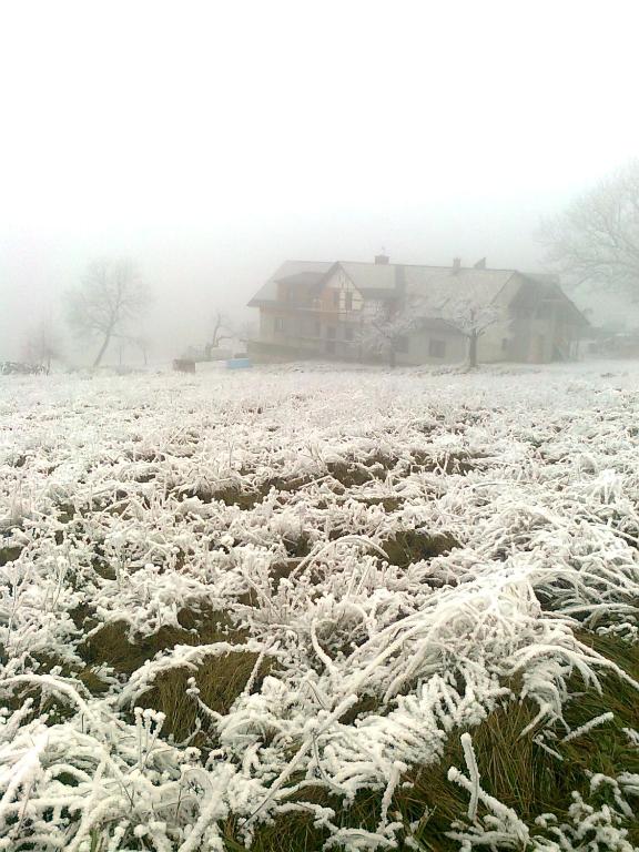 a field covered in snow with a house in the background at Apartmány Kuřátko in Benecko