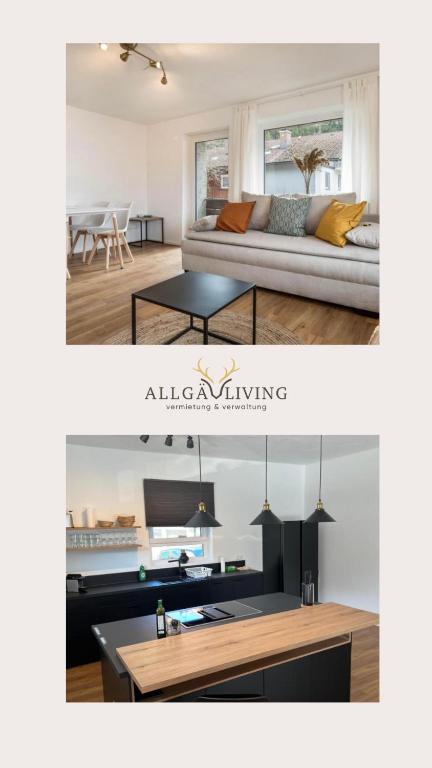 a living room with a couch and a table at Allgäu Ferienhaus 5 Apartments mit Sauna,Balkon, Garten und Privatparkplatz in Blaichach