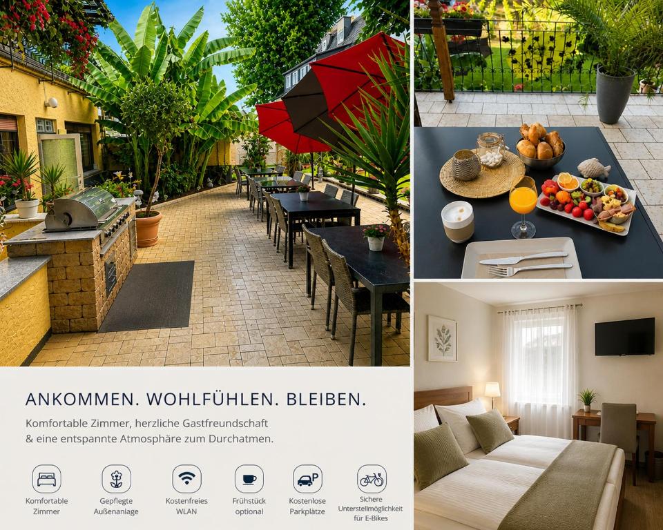 a collage of photos of a restaurant with a table and chairs at Bed and Breakfast - Rheingauer Hof in Oestrich-Winkel