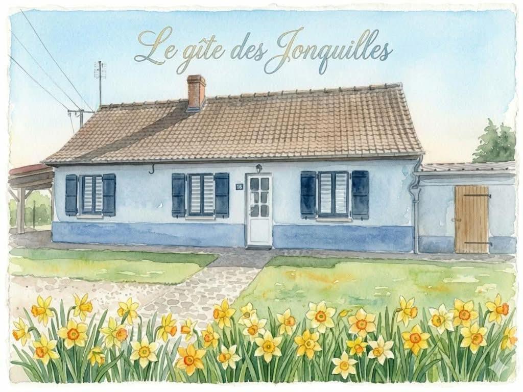 a painting of a house with flowers in front at Les jonquilles in Forest-Montiers