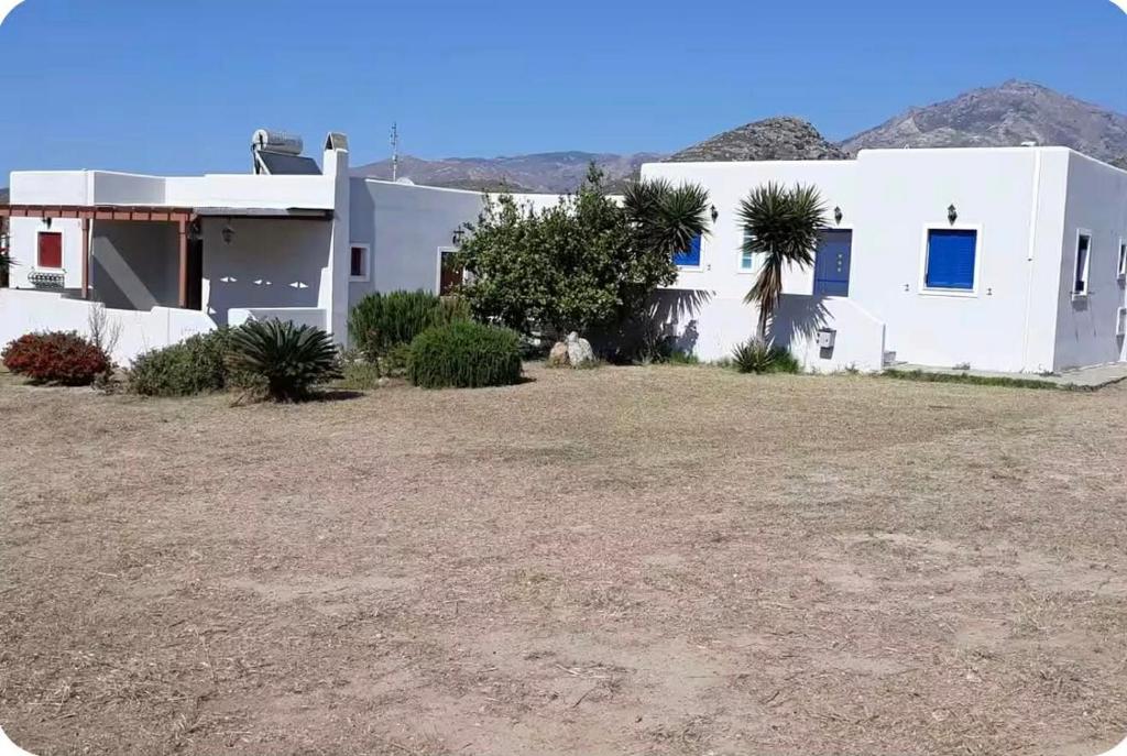 a white house with palm trees in a yard at Terra Naxos in Galini