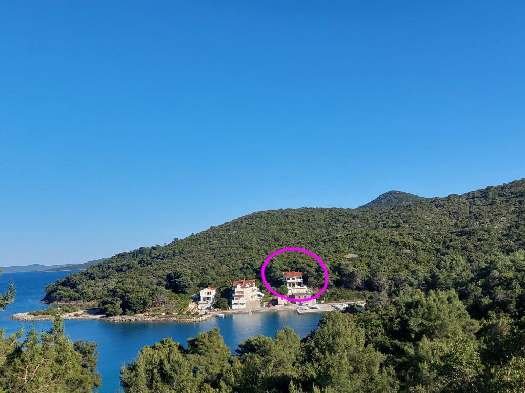 an island in the middle of a lake with a pink wheel at Captain Ante's House in Dragove