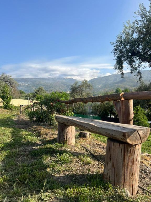 a wooden bench sitting on top of a hill at Orgiva - La Alpujarra in Órgiva