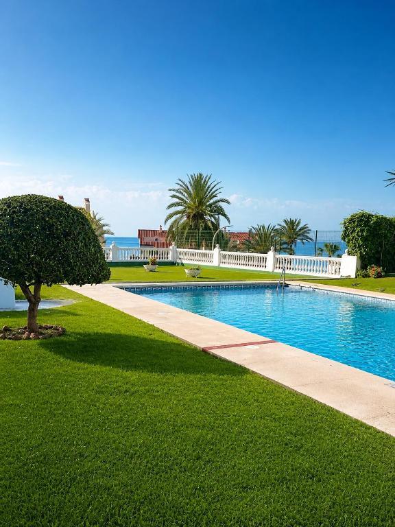 a swimming pool with a tree next to a building at Casa rody in Benalmádena