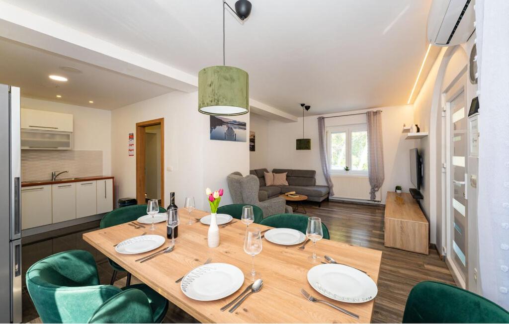 a large wooden table with green chairs in a living room at Apartman in Seline