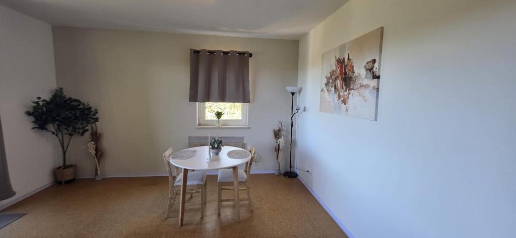 a room with a white table and chairs and a window at Auszeit im Grünen in Vohenstrauß