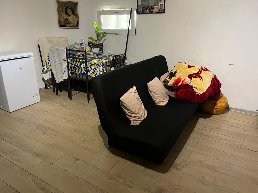 a black couch with two pillows on it in a living room at Cocon de Audrey in Graulhet