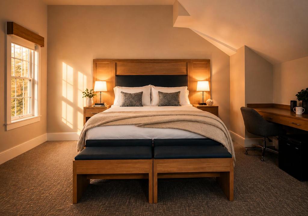 a bedroom with a large bed with a desk and a desk at The Cape Club Golf Resort in Falmouth