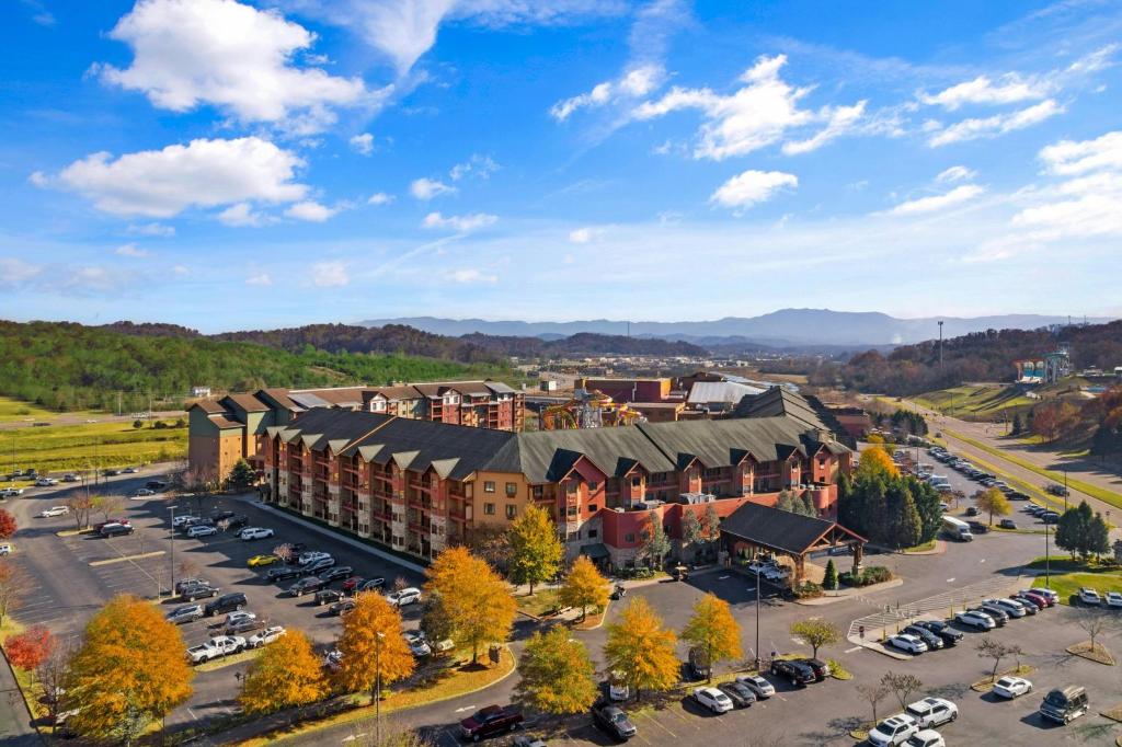 an aerial view of a hotel with a parking lot at Club Wyndham Great Smokies Lodge in Sevierville