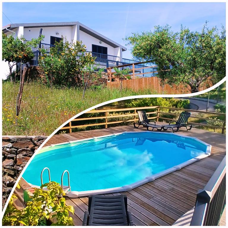 a pool on a deck with chairs and a house at Casa Do Olival in São João da Pesqueira
