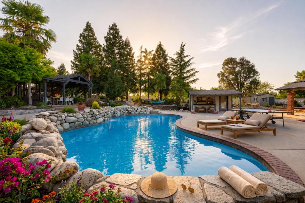 a swimming pool in a backyard with a rock wall at Casteel - 4,500 sq-ft retreat with a pool and hot tub in the middle of wine country! in Templeton