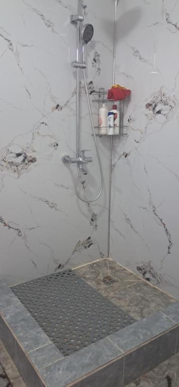 a shower in a bathroom with white marble walls at AiDan BB in Kazarman