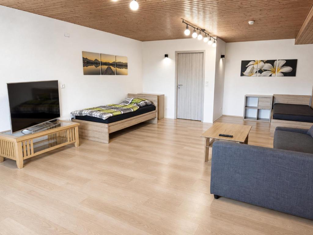 a living room with a bed and a couch at Monteurwohnung Landshut in Vilsheim